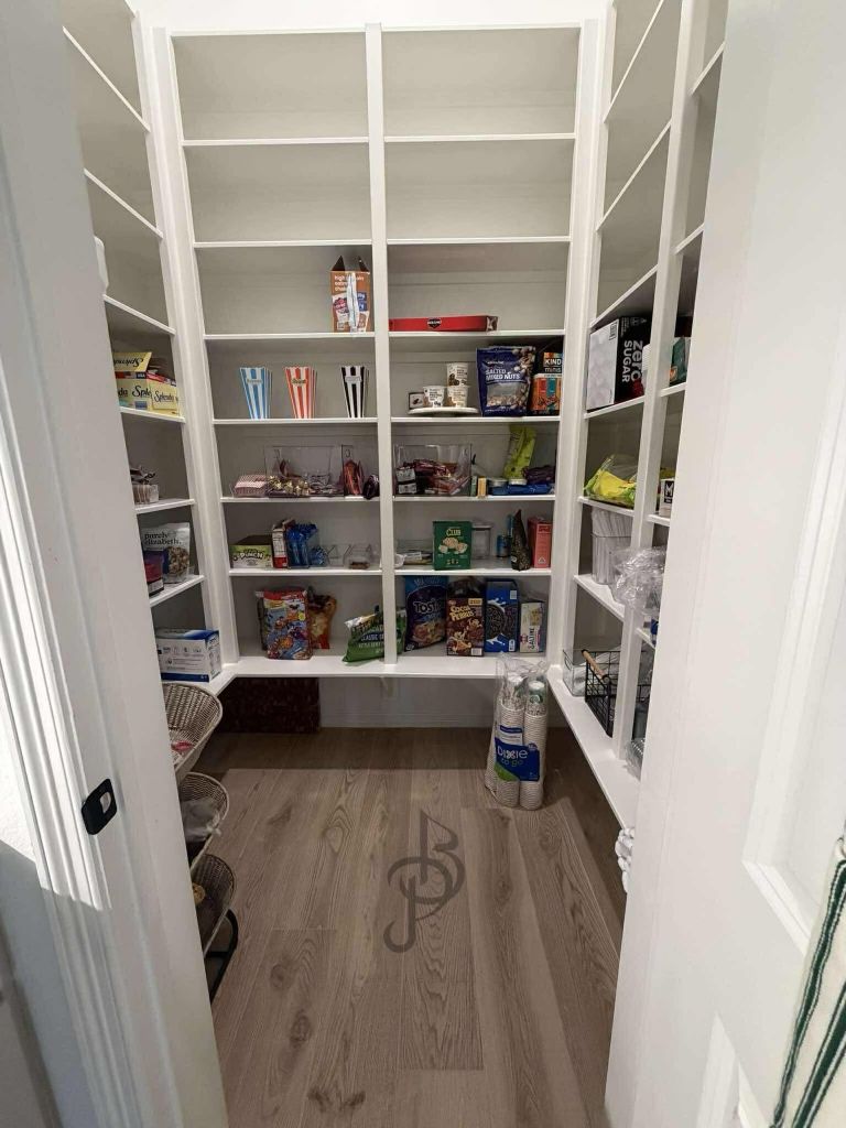 The same pantry before the remodel, with white utility shelving