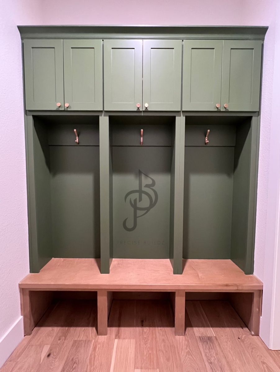 Custom built mudroom storage with solid wood bench